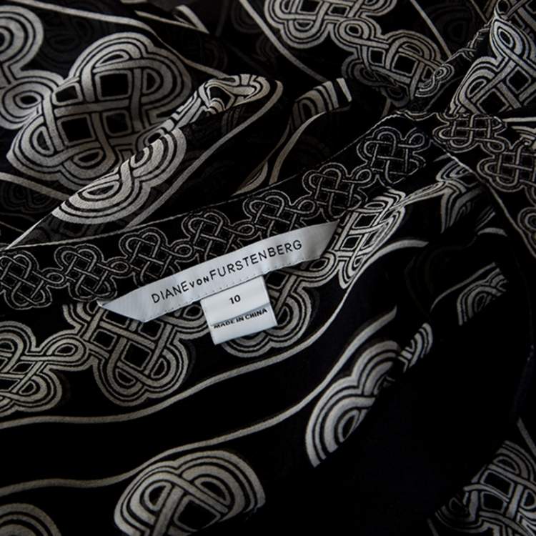 Pre Owned Diane Von Furstenberg Monochrome Knot Print Silk Harlow Blouse L