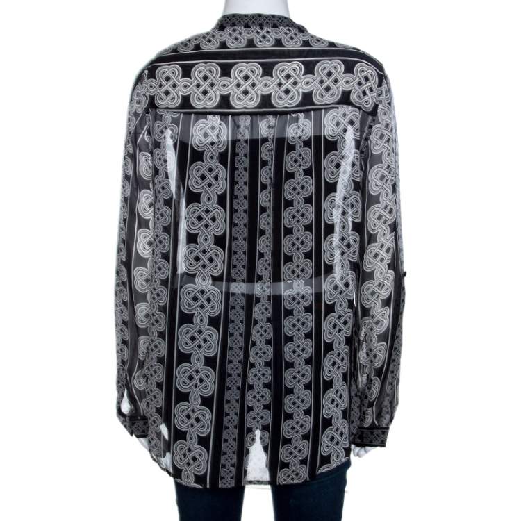 Pre Owned Diane Von Furstenberg Monochrome Knot Print Silk Harlow Blouse L