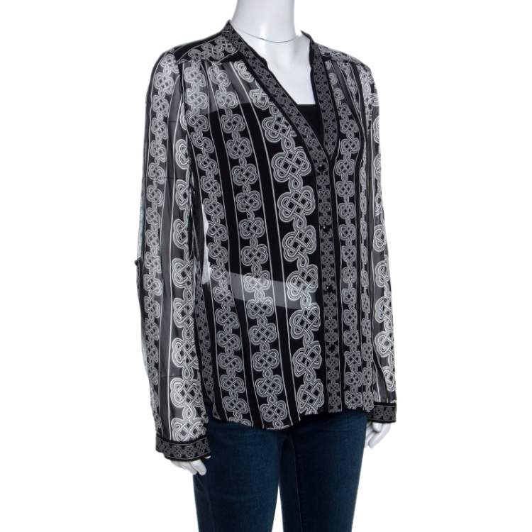 Pre Owned Diane Von Furstenberg Monochrome Knot Print Silk Harlow Blouse L