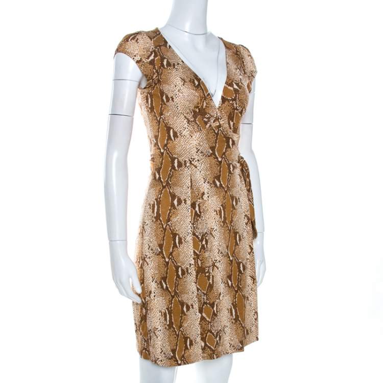 Pre Owned Diane Von Furstenberg Brown Snake Print Silk Kye Wrap Dress S