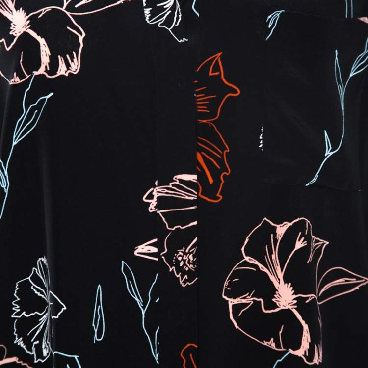 Pre Owned Diane Von Furstenberg Black Floral Printed Silk Shirt L