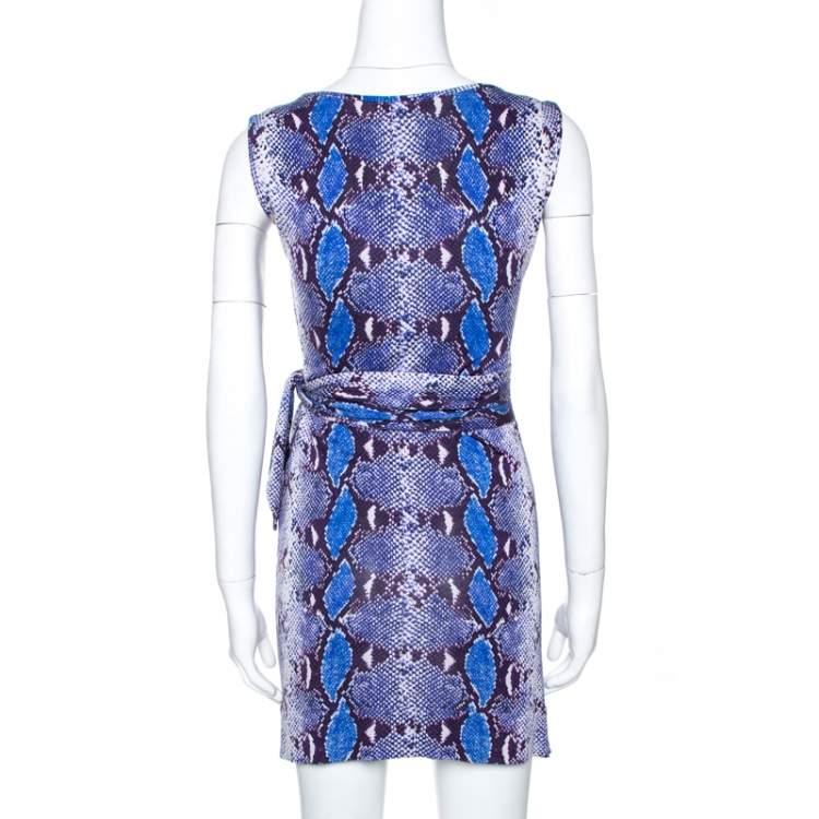 Pre Owned Diane Von Furstenberg Blue Python Print Silk Jersey Della Dress XS 