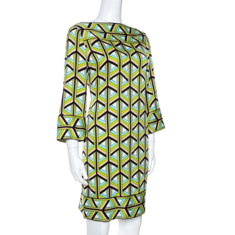 Pre Owned Diane Von Furstenberg Green Printed Silk Andati Shift Dress S