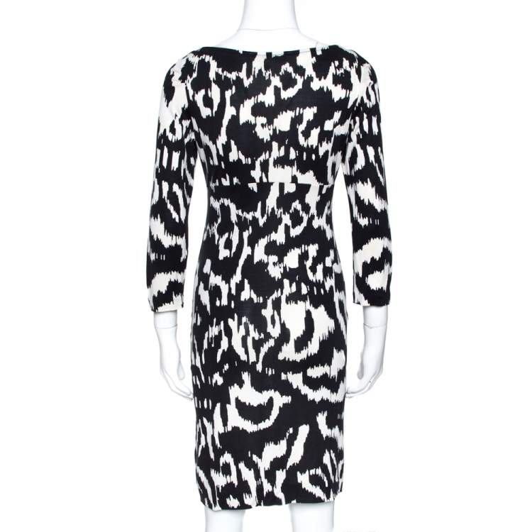 Pre Owned Diane Von Furstenberg Monochrome Printed Silk Capela Dress L