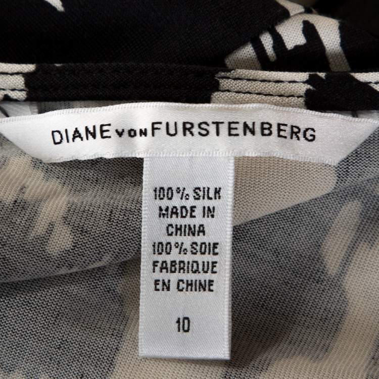 Pre Owned Diane Von Furstenberg Monochrome Printed Silk Capela Dress L