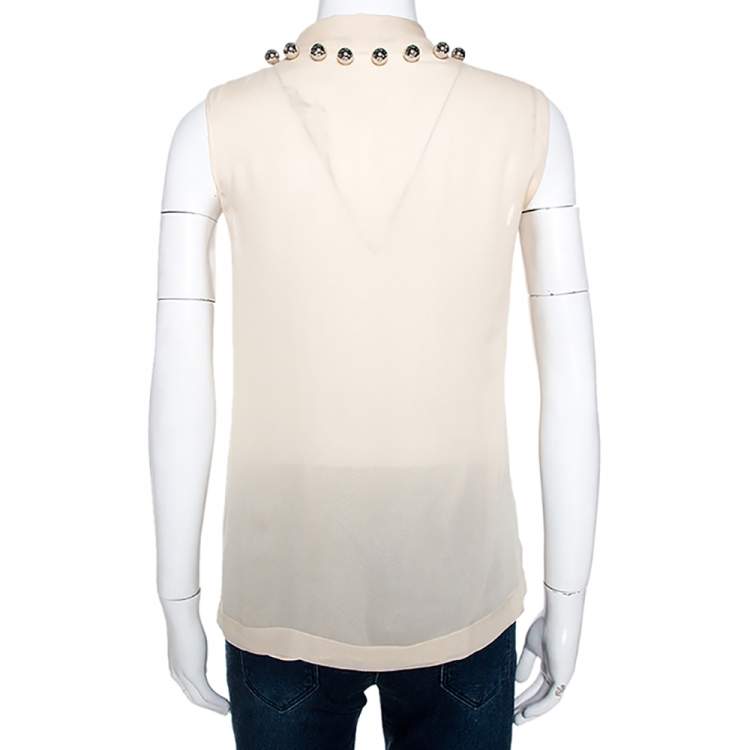Pre Owned Diane Von Furstenberg Cream Silk Silver Balls Embellished Amya Solid Top L