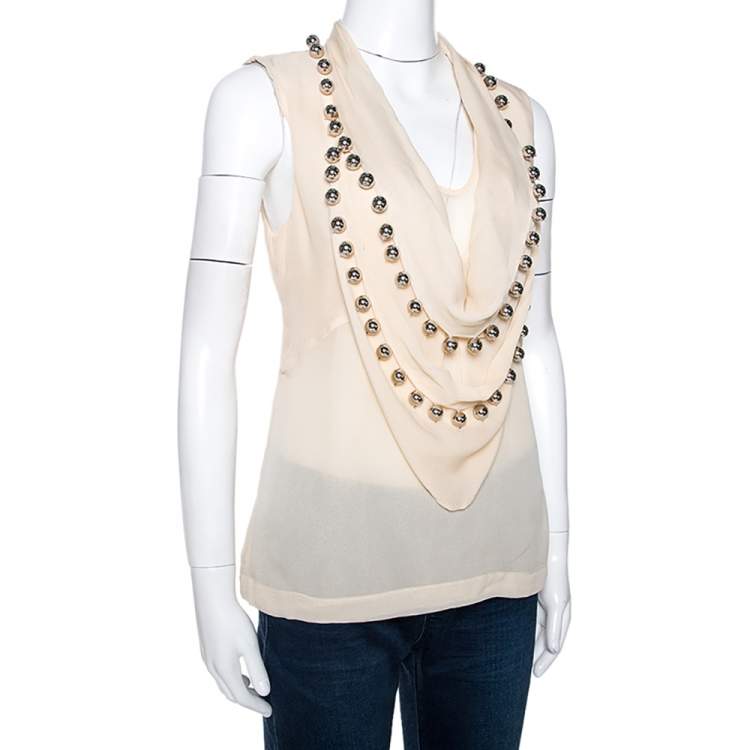Pre Owned Diane Von Furstenberg Cream Silk Silver Balls Embellished Amya Solid Top L