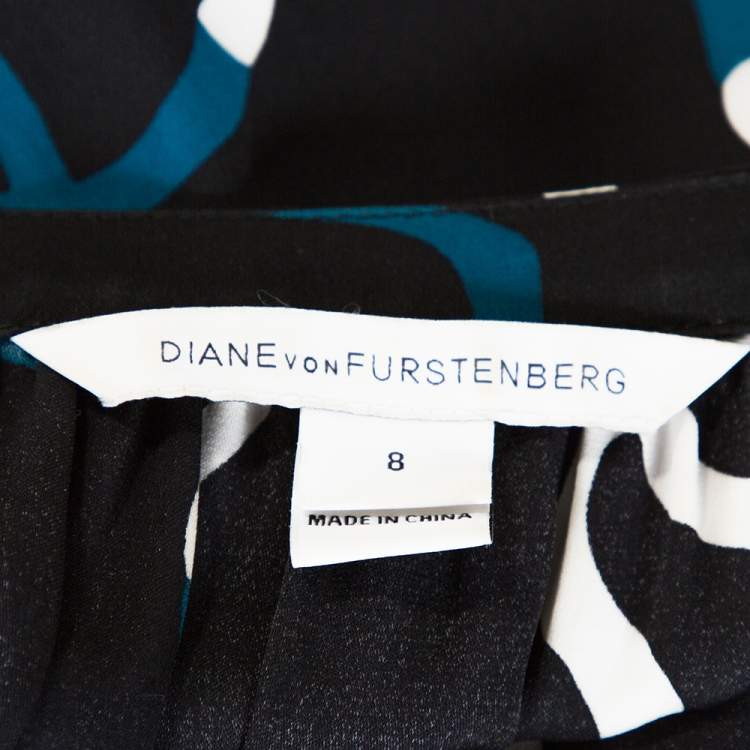 Pre Owned Diane Von Furstenburg Black and Blue Silk Printed Lindi Dress M