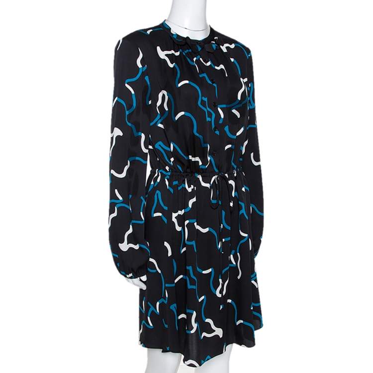 Pre Owned Diane Von Furstenburg Black and Blue Silk Printed Lindi Dress M