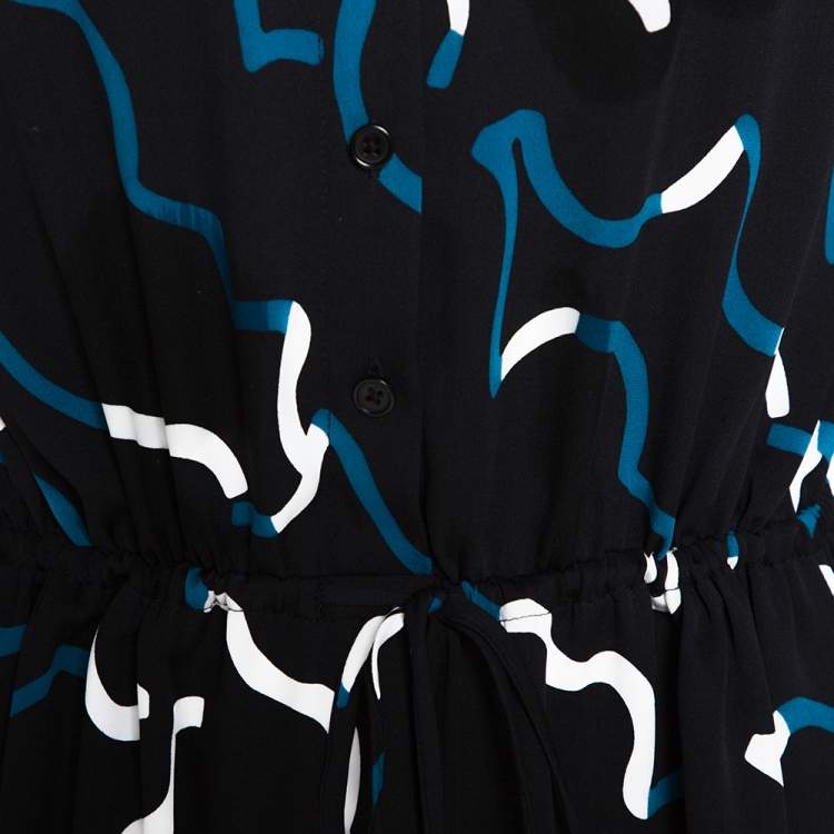 Pre Owned Diane Von Furstenburg Black and Blue Silk Printed Lindi Dress M