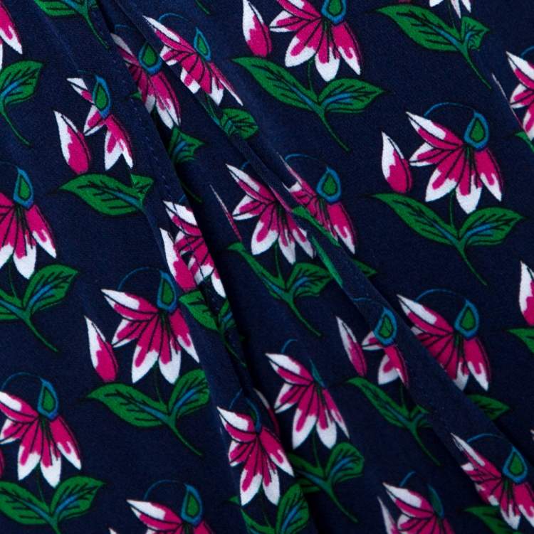 Pre Owned Diane Von Furstenberg Navy Blue Zen Floral Print Silk Leyland Halter Dress XL