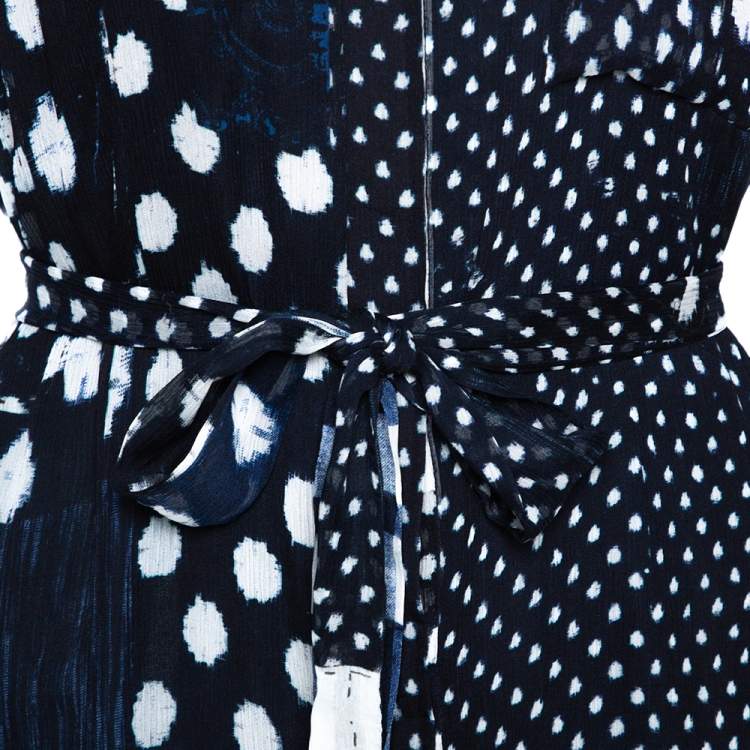 Pre Owned Diane Von Furstenberg Indigo Patchwork Print Silk Prita Long Shirt Dress L