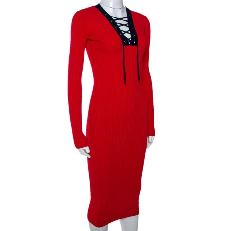 Pre Owned Diane Von Furstenberg Bright Red Rib Knit Lace Up Midi Dress XXS