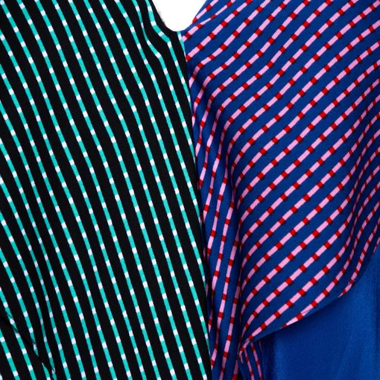 Pre Owned Diane von Furstenberg Blue Printed Color Block Silk Ruffled Blouse L