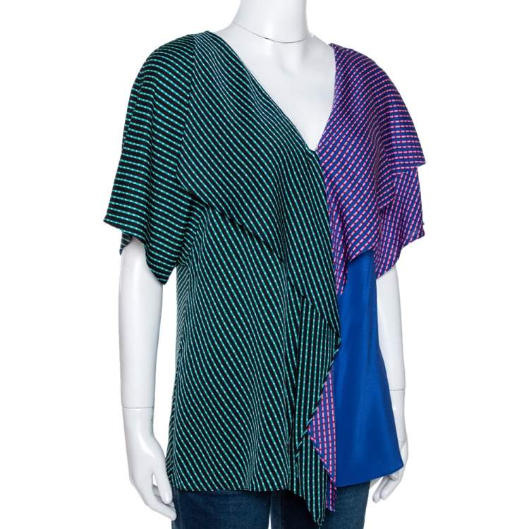 Pre Owned Diane von Furstenberg Blue Printed Color Block Silk Ruffled Blouse L