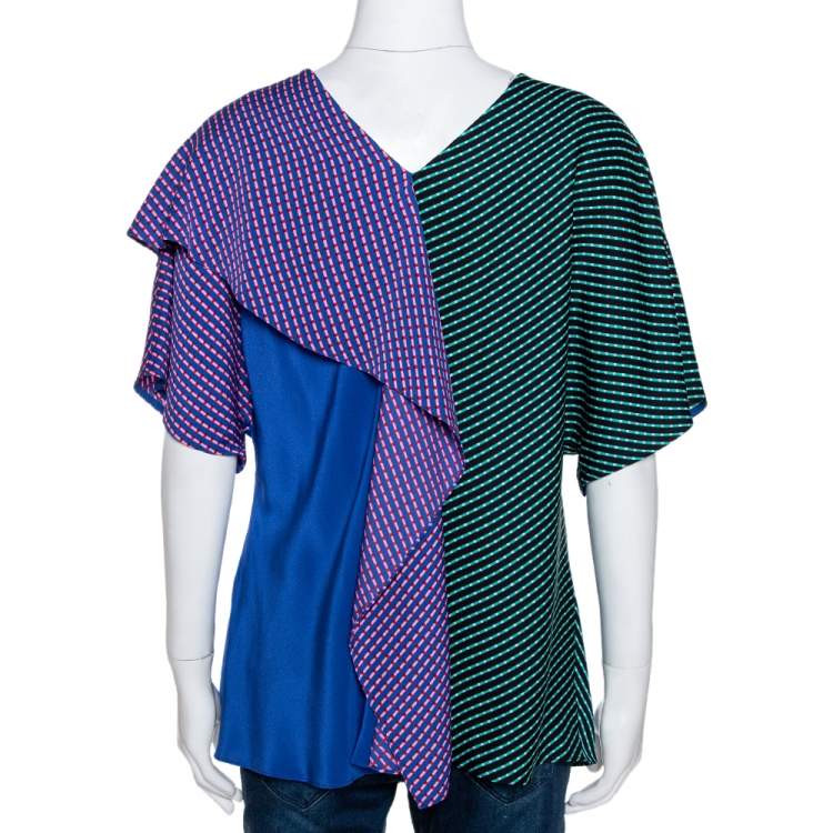Pre Owned Diane von Furstenberg Blue Printed Color Block Silk Ruffled Blouse L