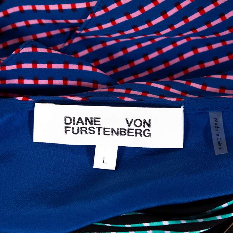 Pre Owned Diane von Furstenberg Blue Printed Color Block Silk Ruffled Blouse L