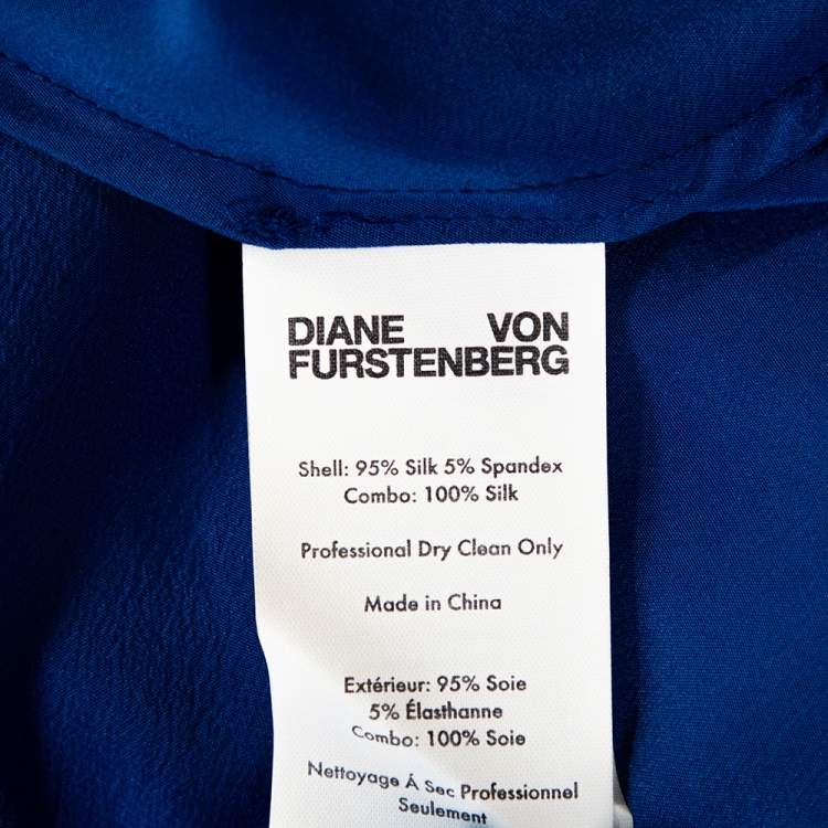 Pre Owned Diane von Furstenberg Blue Printed Color Block Silk Ruffled Blouse L
