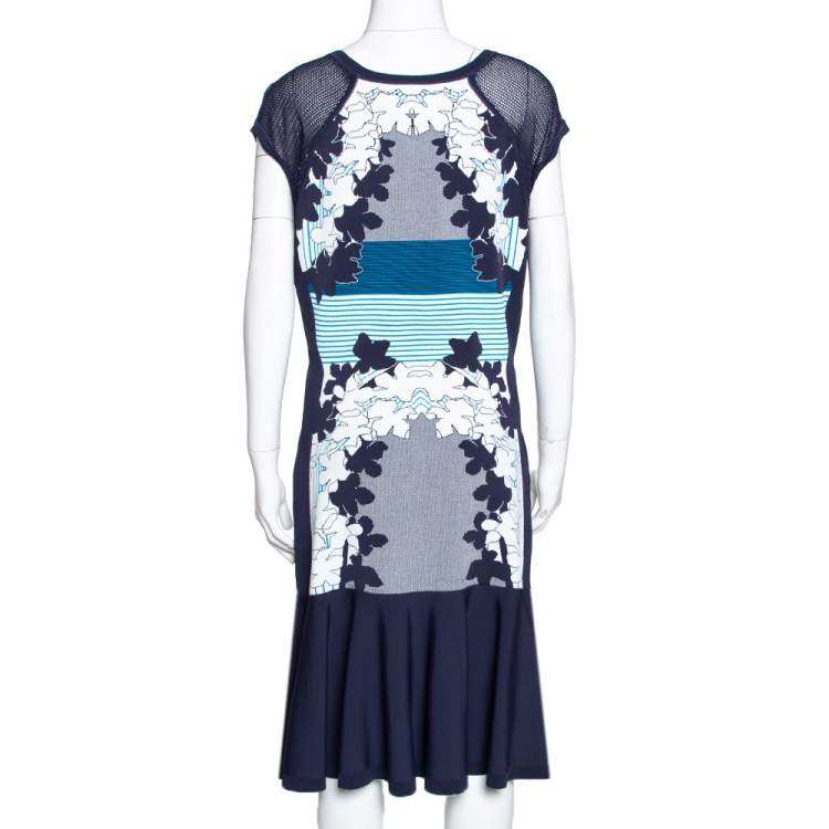 Pre Owned Diane Von Furstenberg Admiral Navy & Ivory Intarsia Knit Jalen Dress L 