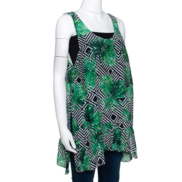 مملوكة مسبقًا Diane Von Furstenberg Green Cotton Poplin Graphic Leaf Print Sleeveless Top S