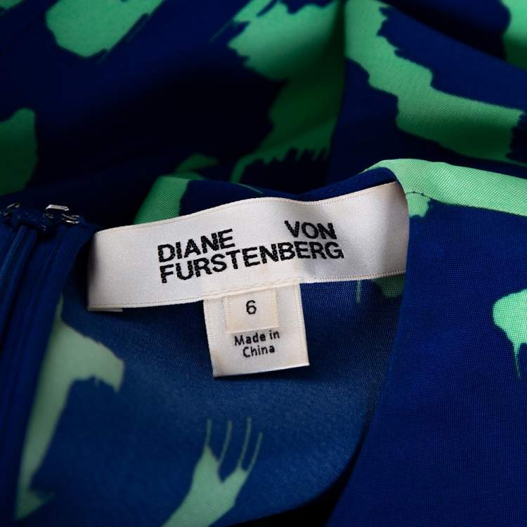 Pre Owned Diane von Furstenberg Blue & Green Printed Stretch Silk Midi Dress M