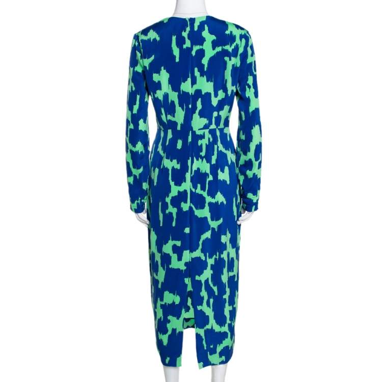 Pre Owned Diane von Furstenberg Blue & Green Printed Stretch Silk Midi Dress M