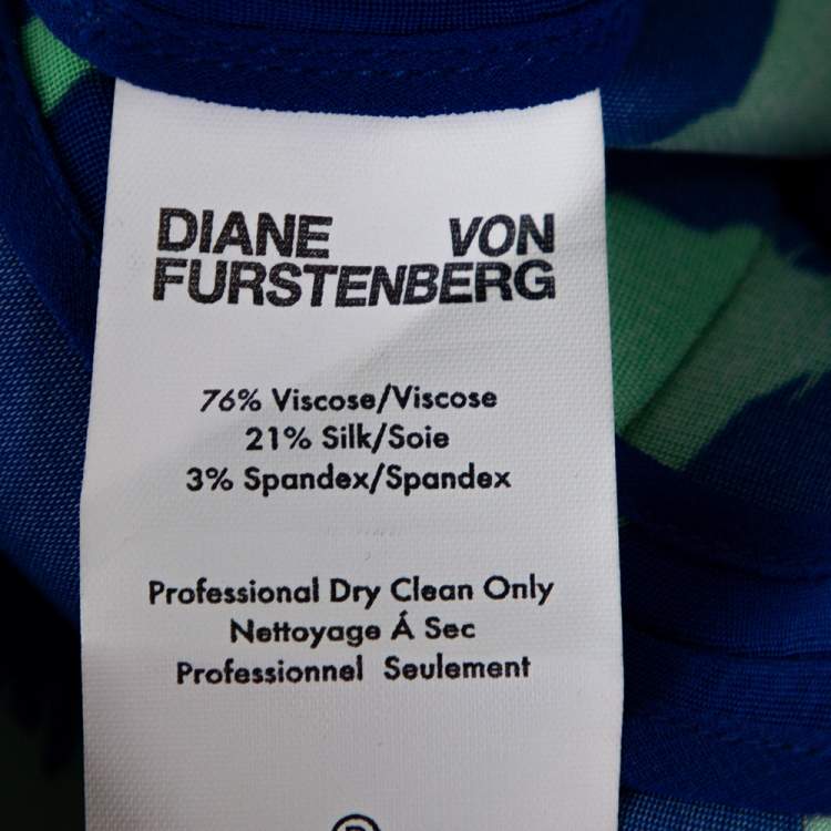 Pre Owned Diane von Furstenberg Blue & Green Printed Stretch Silk Midi Dress M