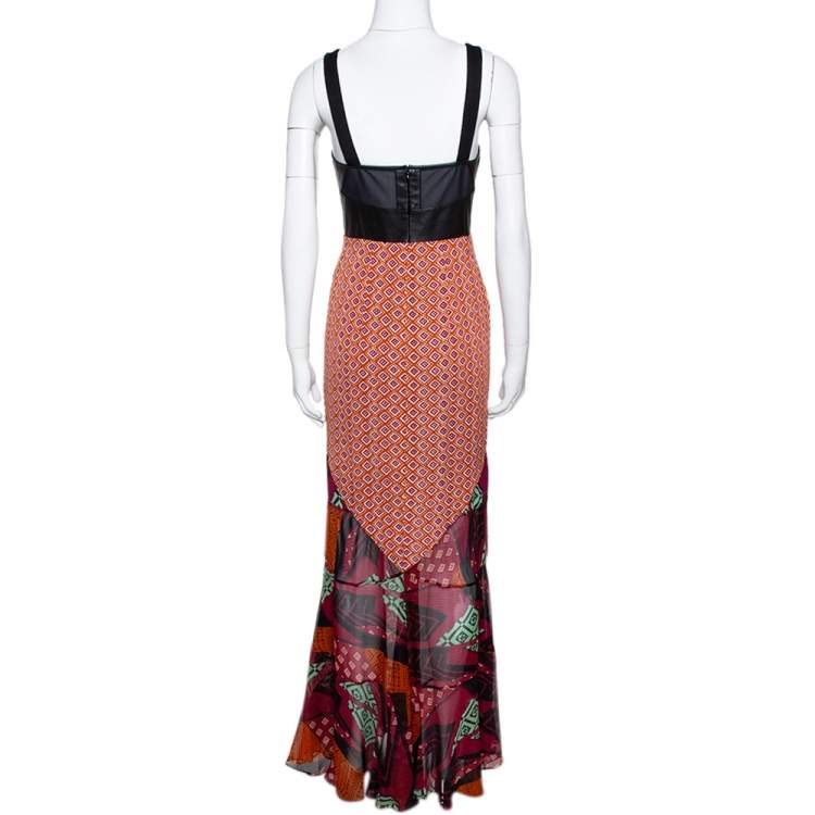 Pre Owned Diane Von Furstenberg Multicolor Printed Silk Leather Trim Serena Dress S