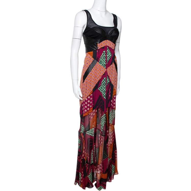 Pre Owned Diane Von Furstenberg Multicolor Printed Silk Leather Trim Serena Dress S