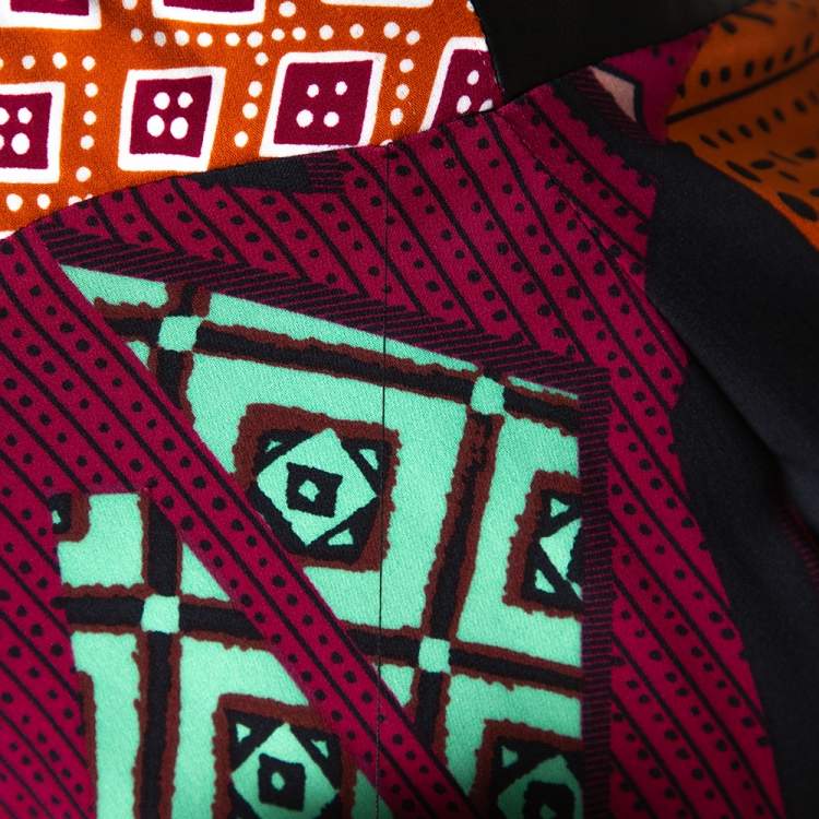 Pre Owned Diane Von Furstenberg Multicolor Printed Silk Leather Trim Serena Dress S