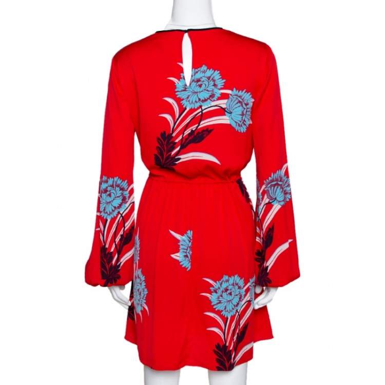 مملوكة مسبقًا Diane von Furstenberg Red Floral Print Stretch Silk Mini Dress M