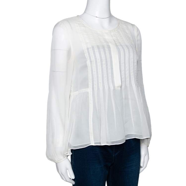 Pre Owned Diane von Furstenberg Cream Silk Pintuck Detail Jayne Blouse S
