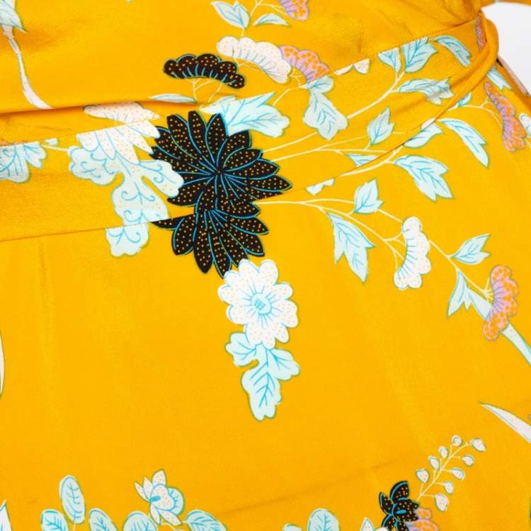 Pre Owned Diane von Furstenberg Yellow Floral Print Silk Eloise Wrap Dress M