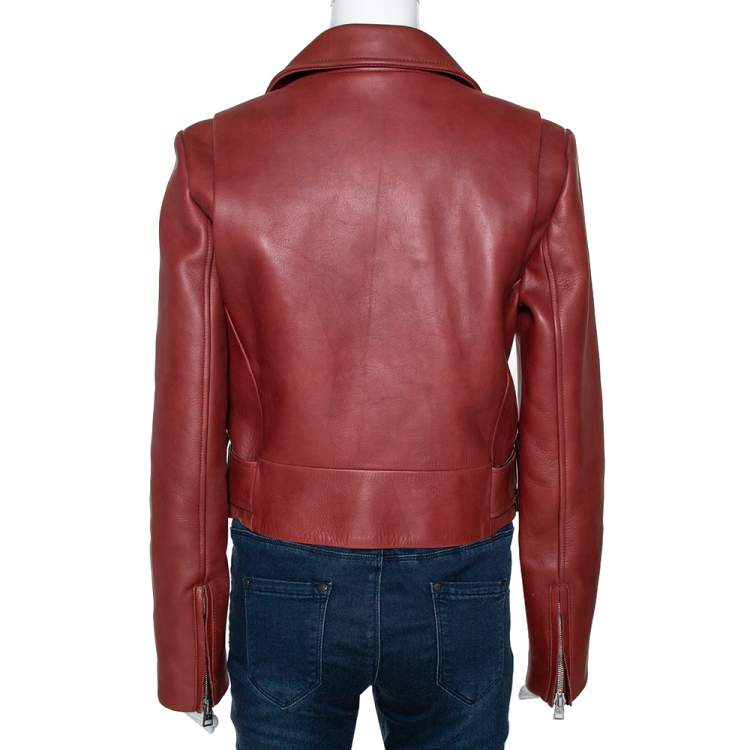 مملوكة مسبقًا Diane von Furstenberg Wine Red Leather Cropped Biker Jacket M