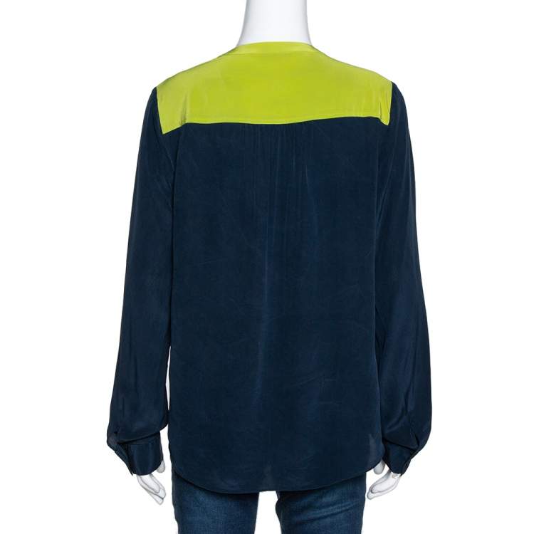 Pre Owned Diane Von Furstenberg Naval Blue Silk Contrast Trim Maisy Blouse L