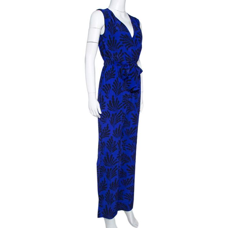 Pre Owned Diane von Furstenberg Royal Blue Printed Silk Sleeveless Jumpsuit S