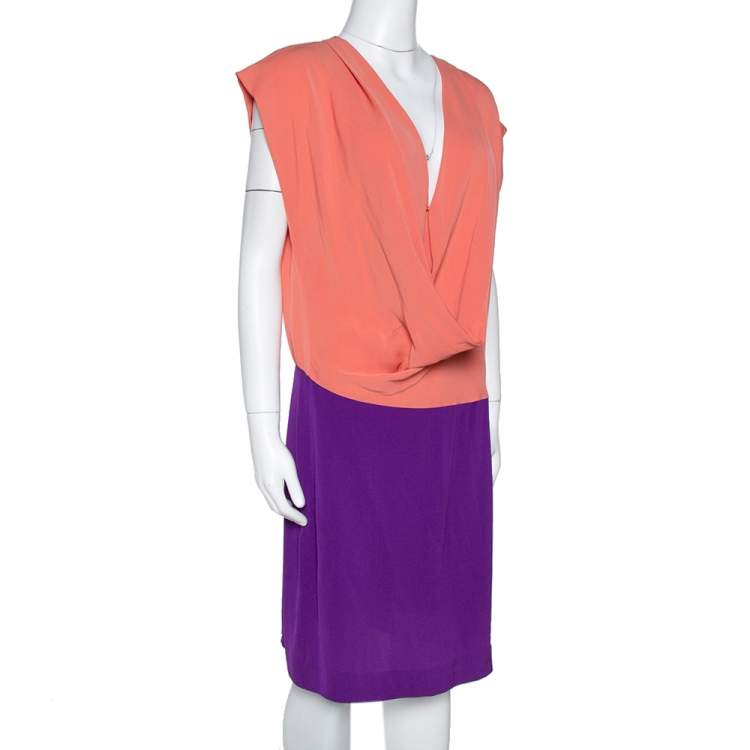 Pre Owned Diane von Furstenberg Two Tone Silk Crepe Reara Draped Dress M