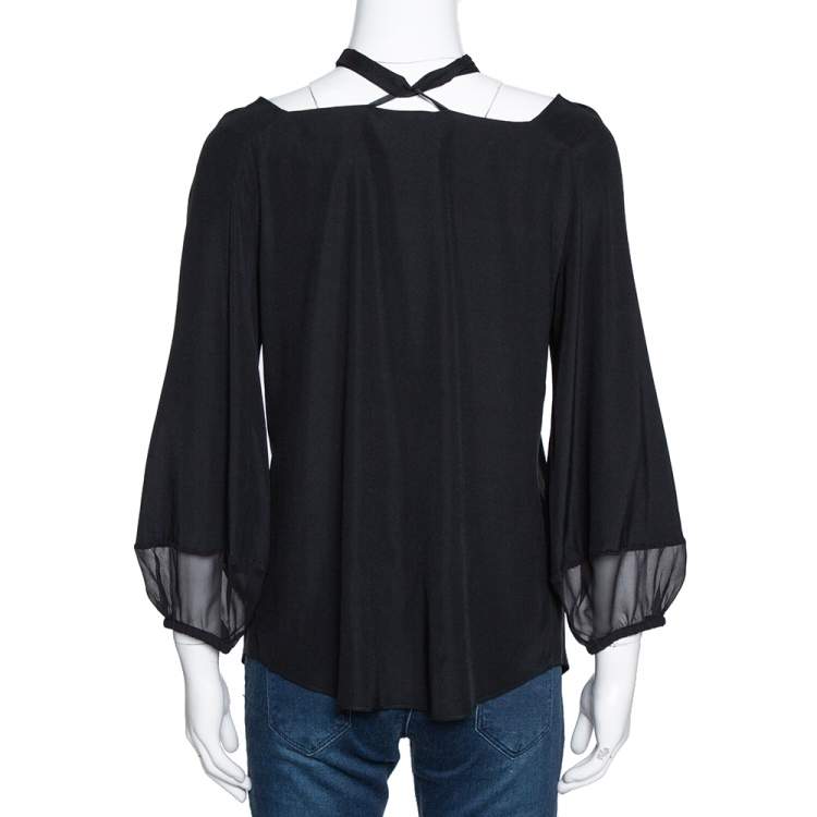 مملوكة مسبقًا Diane von Furstenberg Black Silk Neck Tie Detail Blouse M