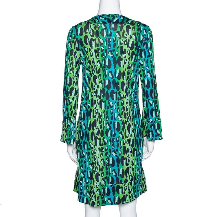 Pre Owned Diane Von Furstenberg Blue & Green Animal Print Silk Jersey Gaby Dress S