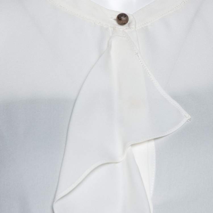 Pre Owned Diane von Furstenberg Cream Silk Ruffle Trim Adelaide Blouse M