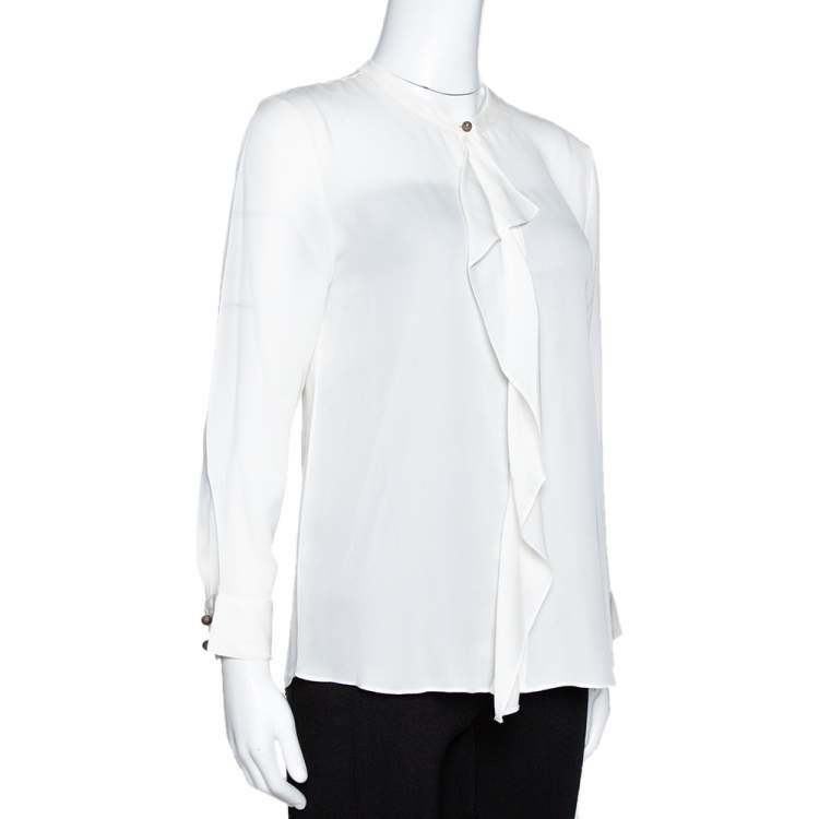 Pre Owned Diane von Furstenberg Cream Silk Ruffle Trim Adelaide Blouse M