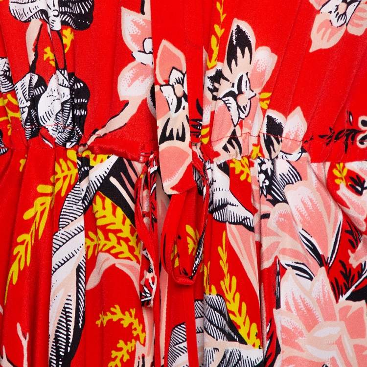 مملوكة مسبقًا Diane von Furstenberg Red Printed Silk Bethany Cinch Sleeve Maxi Dress XS