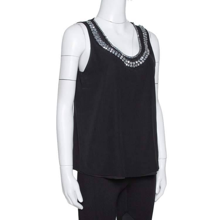 Pre Owned Diane Von Furstenberg Black Crystal Embellished Silk Ade Top S