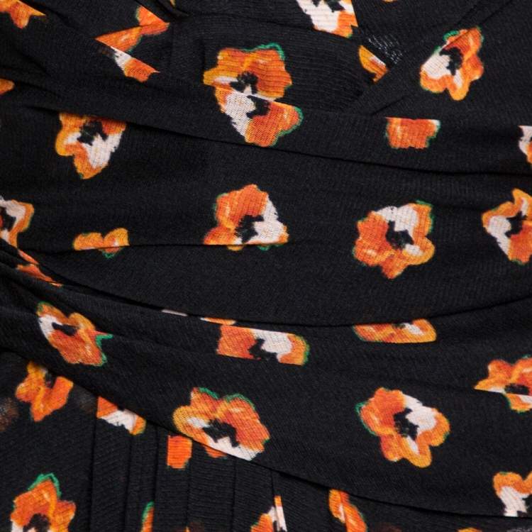 Pre Owned Diane von Furstenberg Black & Orange Floral Print Wrap Dress S
