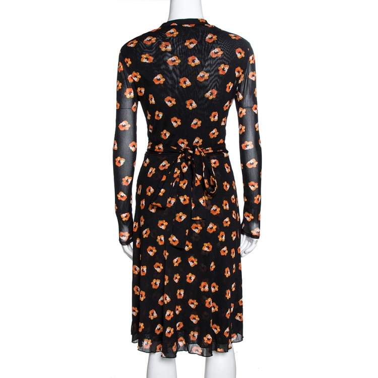 Pre Owned Diane von Furstenberg Black & Orange Floral Print Wrap Dress S