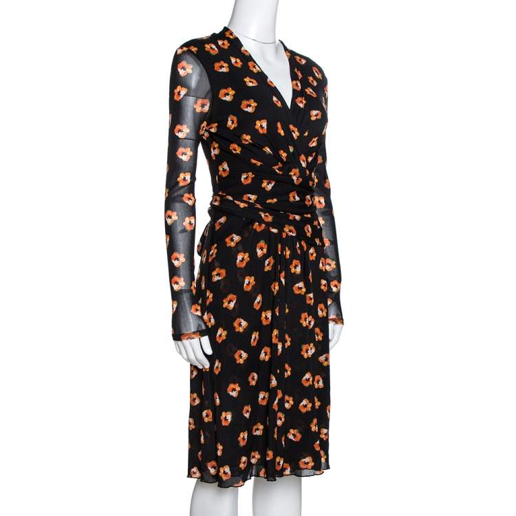 Diane von Furstenberg Black \u0026 Orange Floral Print Wrap Dress S Diane Von  Furstenberg | TLC
