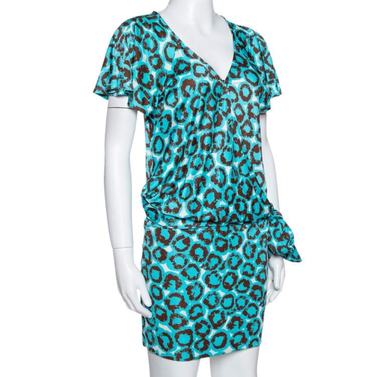 Pre Owned Diane Von Furstenberg Electric Blue Printed Jersey Hayley Wrap Dress M 