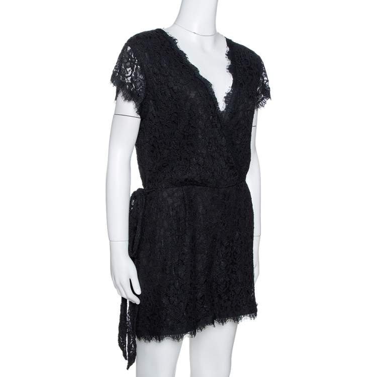 Pre Owned Diane Von Furstenberg Black Purdette Lace Romper L