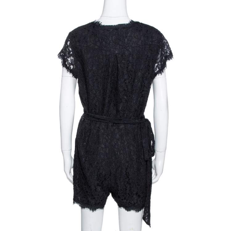 Pre Owned Diane Von Furstenberg Black Purdette Lace Romper L