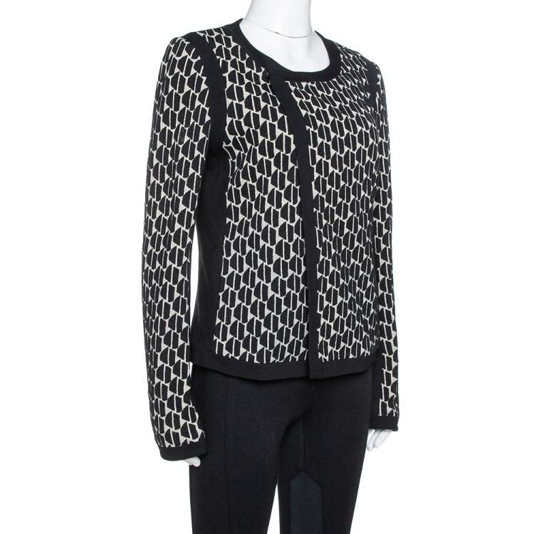 Pre Owned Diane Von Furstenberg Black & Cream Textured Knit Patricia Hounds Jacket L 